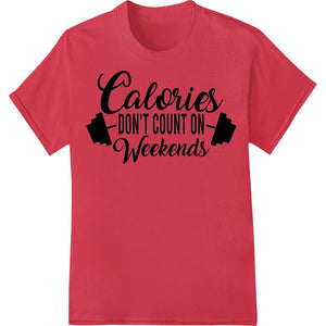 A comical design featuring a donut and the text 'Calorie-Free Weekend Vibes' perfect for activewear and workout apparel