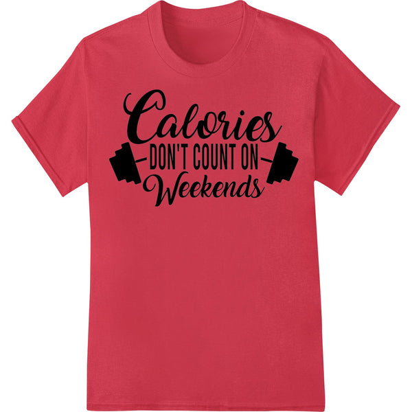 A comical design featuring a donut and the text 'Calorie-Free Weekend Vibes' perfect for activewear and workout apparel