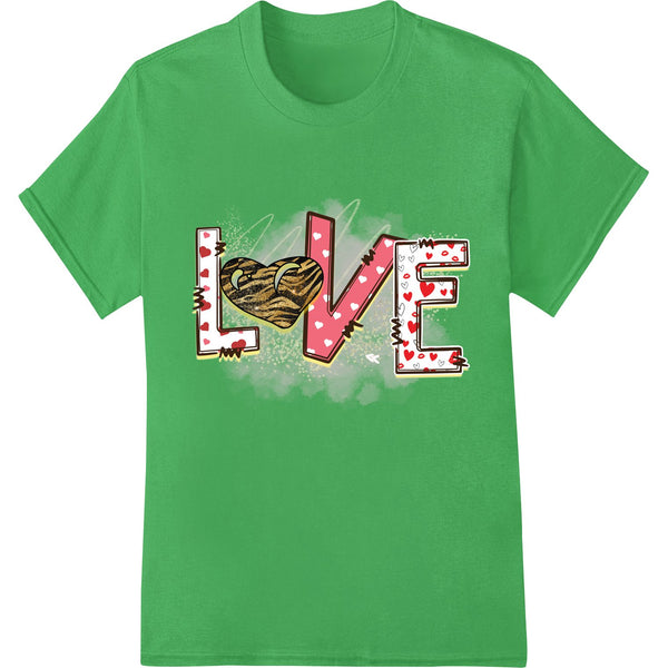 Camo Love DTF (Direct to Film) heat transfer design with bold hearts and camouflage pattern for custom Valentine's Day...