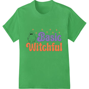 Colorful DTF transfer print design featuring a cute witch character with pumpkins and the phrase 'Basic Witchful'