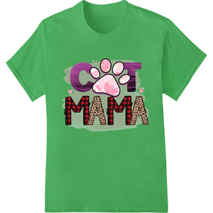 A cute illustration of a cat wearing a shirt that says 'Cat Mama' in a heart shape, surrounded by paw prints and bones.