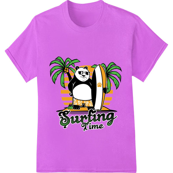 A cute cartoon panda riding a surfboard with palm trees in the background, printed as a direct-to-film heat transfer