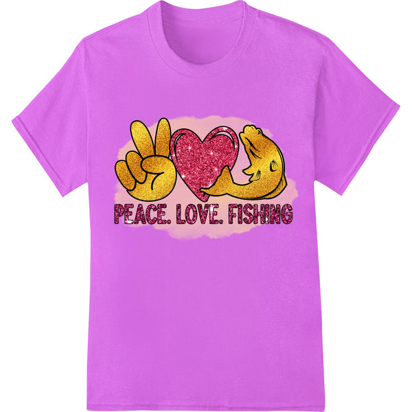 Colorful DTF print with a peace sign, heart, and fishing rod design with the text 'PEACE. LOVE. FISHING'