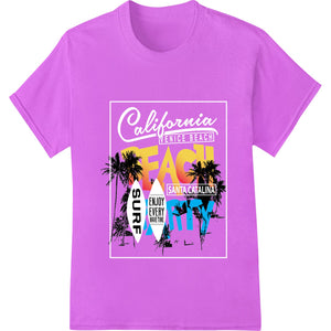 Bold beach surf graphic with crashing wave, sun, and palm tree in vibrant colors for direct to film heat transfer printing