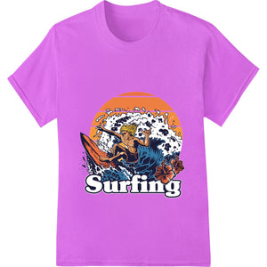 Retro-style illustration of a surfer riding a wave with a colorful sunset in the background, perfect for heat transfer...