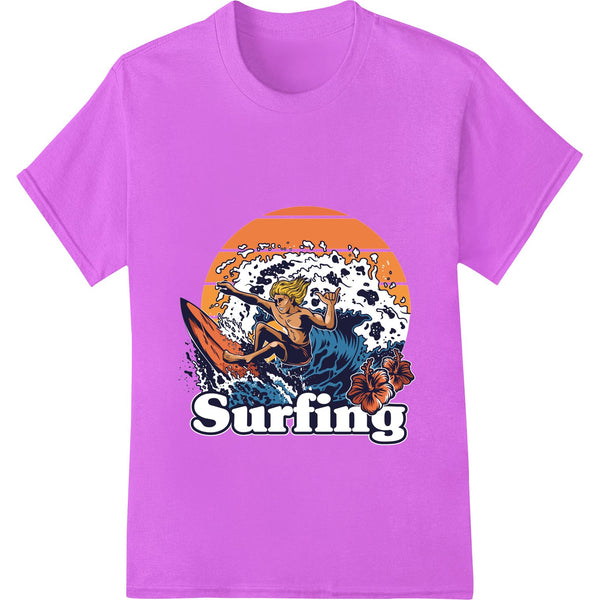 Retro-style illustration of a surfer riding a wave with a colorful sunset in the background, perfect for heat transfer...