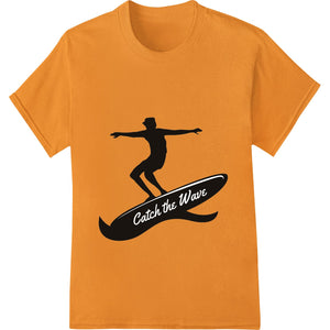 Bold silhouette design of a surfer riding a wave, perfect for DTF heat transfer printing on custom apparel like t-shirts.