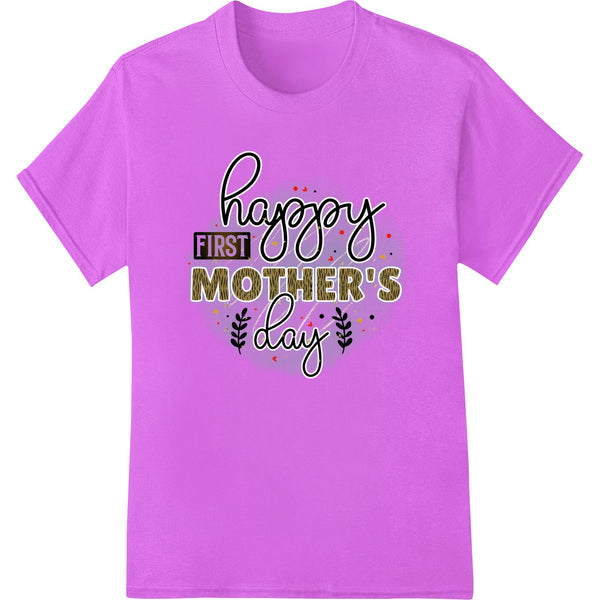 Rustic-themed DTF transfer design with flowers and 'Baby's First Mother's Day' text, ideal for custom t-shirts and apparel.