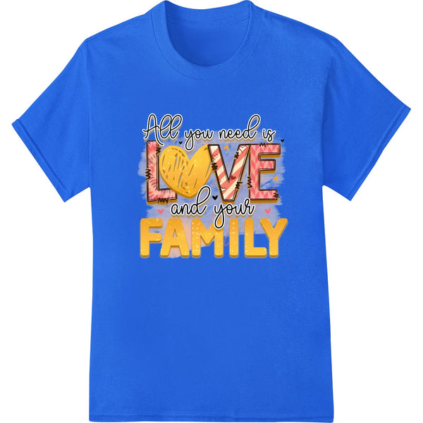 Heartwarming heat transfer design featuring stylized text 'Family' surrounded by illustrated figures representing family...