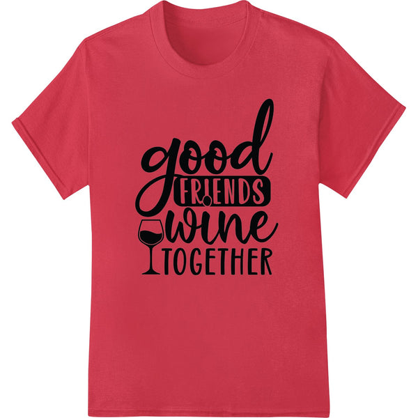 Wine glass with 'Good Friends Wine Together' design printed using direct-to-film heat transfer method for custom apparel