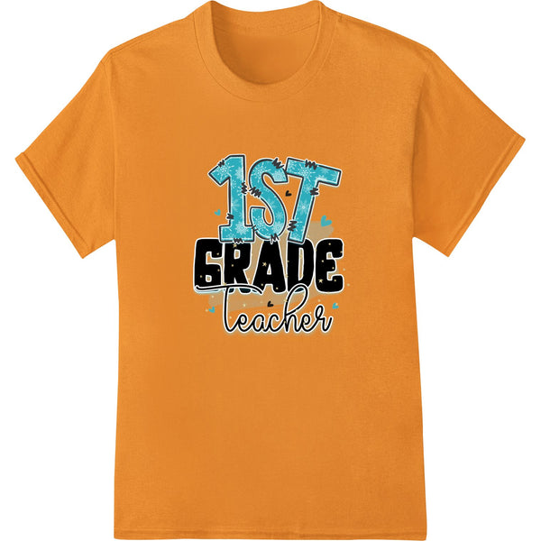 A cheerful design with a pencil and the words '1st Grade Teacher' perfect for DTF printing on custom apparel and gifts.