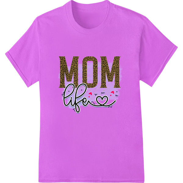 White text design with the phrase 'MOM life' in a stylized bold font on a vibrant pink background, ideal for t-shirt printing