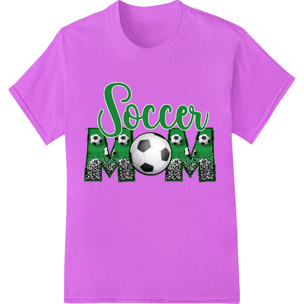 Festive purple t-shirt design with soccer ball and 'Soccer Mom' text, perfect for Mother's Day gift or custom apparel...