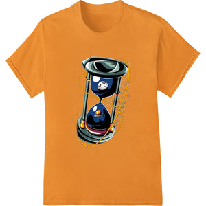 Intricately designed hourglass floating in cosmic space, illustration for DTF heat transfer printing on custom apparel