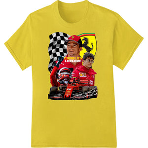 DTF heat transfer featuring Charles Leclerc, Ferrari F1 driver, in action on the racetrack with his car in red livery.