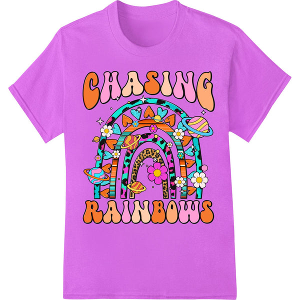 Colorful graphic design with rainbow stripes and retro 70s style titled 'Chasing Rainbows' for DTF printing on t-shirts.