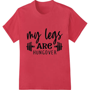 Black shirt with a humorous 'My legs are hungover' graphic print in white text, perfect for fitness enthusiasts