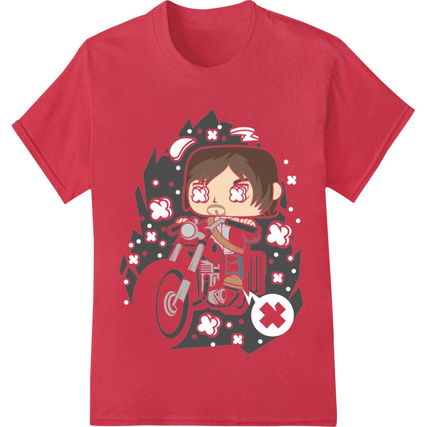 Colorful cartoon illustration of a cute chibi-style biker riding a motorcycle, designed for DTF or direct-to-film printing.