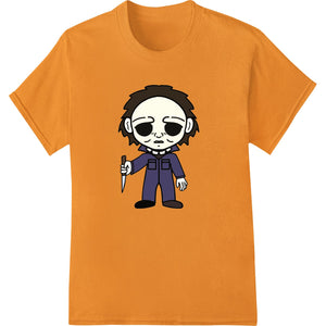 A digital DTF print design featuring a chibi-style cartoon version of the horror icon Michael Myers from the Halloween movie...