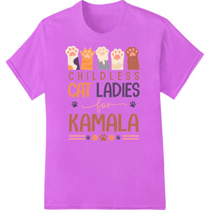 Gray cat silhouette graphic design with text 'Childless Cat Ladies Unite: Show Your Love for Kamala' in pink and purple...