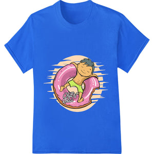 Colorful and fun illustrated design of a person relaxing on an inflatable donut float in a pool