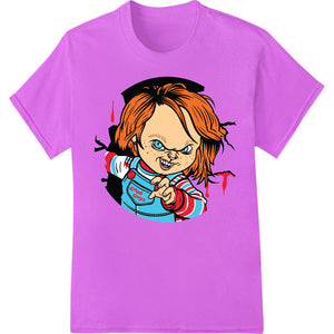 Chilling Chucky cartoon design showing the famous murderous doll from horror movies, printed with DTF or direct to film...