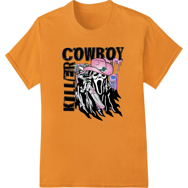 A spooky skeleton cowboy with a skull for a head, holding a smoking revolver against an orange and black Halloween backdrop.