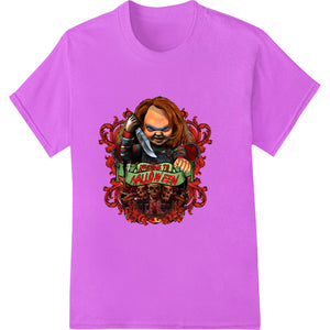 Chucky Killer DTF heat transfer design featuring a menacing doll with a bloody knife for Halloween apparel printing.