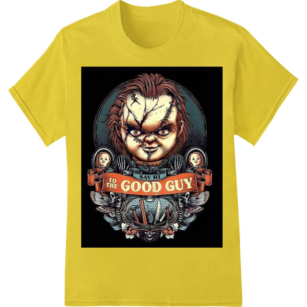 Chucky Good Guy doll DTF (Direct to Film) heat transfer for custom t-shirt printing with terrifying horror movie design