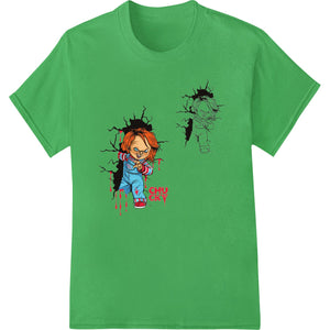 Chucky's Revenge horror movie inspired heat transfer design featuring the iconic killer doll wielding a knife