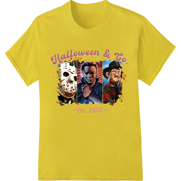 Classic horror movie character mashup design with Michael Myers from Halloween, Freddy Krueger, and Jason Voorhees for DTF...