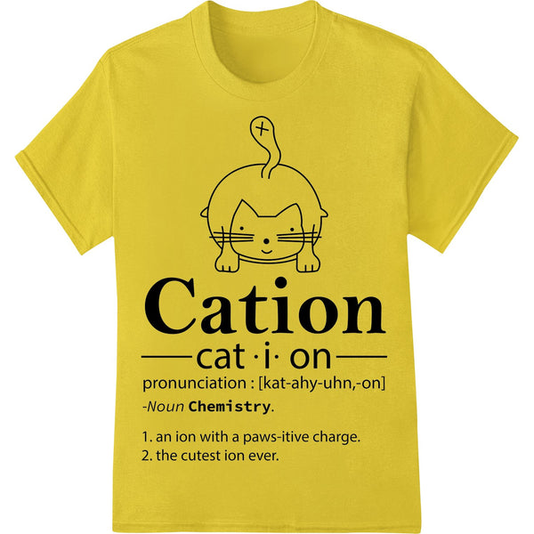 A grey cat with a positive charge symbol above its head, with the text 'Clever Cation Cat' in a periodic table style font