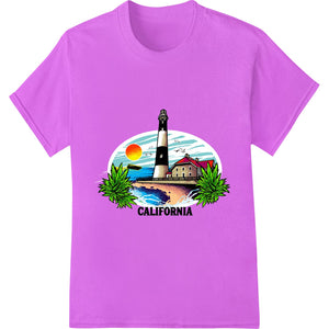 A detailed DTF print design showing a lighthouse on the California coast with the sun setting over the ocean.