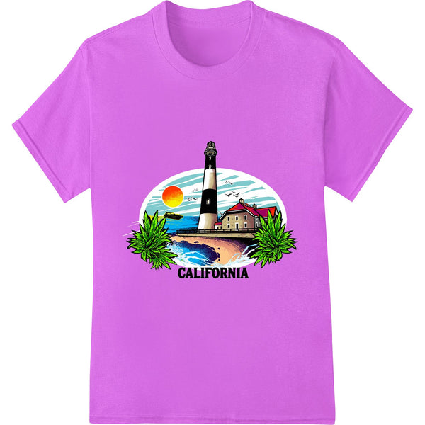 A detailed DTF print design showing a lighthouse on the California coast with the sun setting over the ocean.