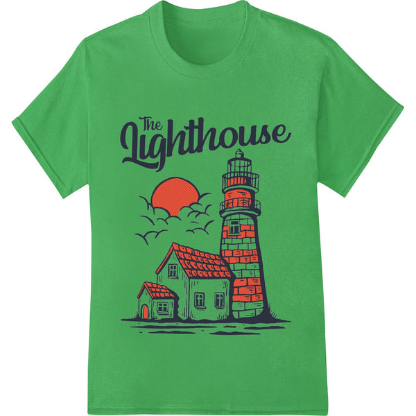 Vintage-style illustration of a lighthouse on a rocky coast, designed for DTF printing on shirts and clothing.