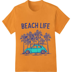 Colorful illustration of a VW Beetle with surf boards on a beach with palm trees in the background