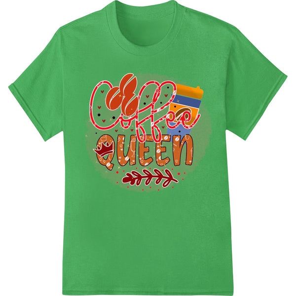 Playful typography design with 'Coffee Queen' text in bold colors, perfect for heat transfer printing onto apparel