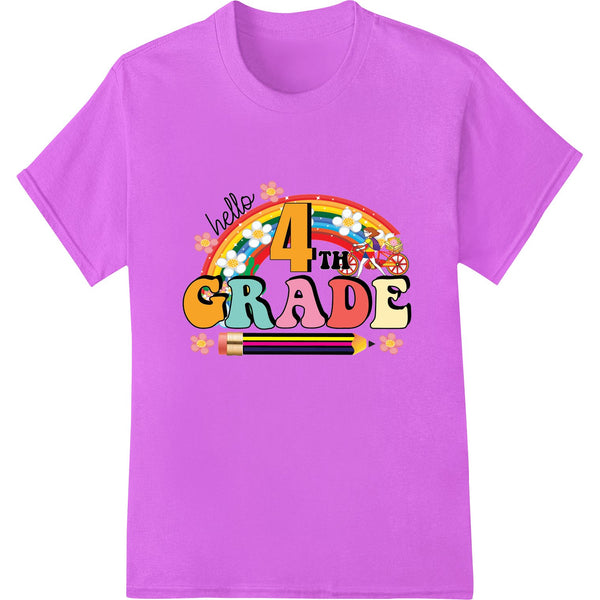 Colorful '4th GRADE' heat transfer print design featuring a bold text graphic with stars and swirls in bright colors