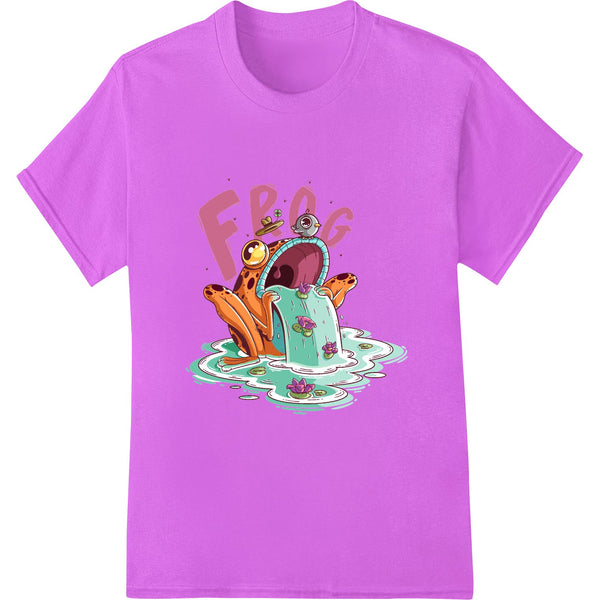 Colorful cartoon frog sitting in a splatter pool design, funky and whimsical digital direct to film print for apparel