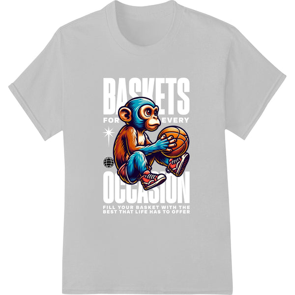 A colorful cartoon monkey dressed in sportswear dribbling a basketball on a direct-to-film heat transfer print design.