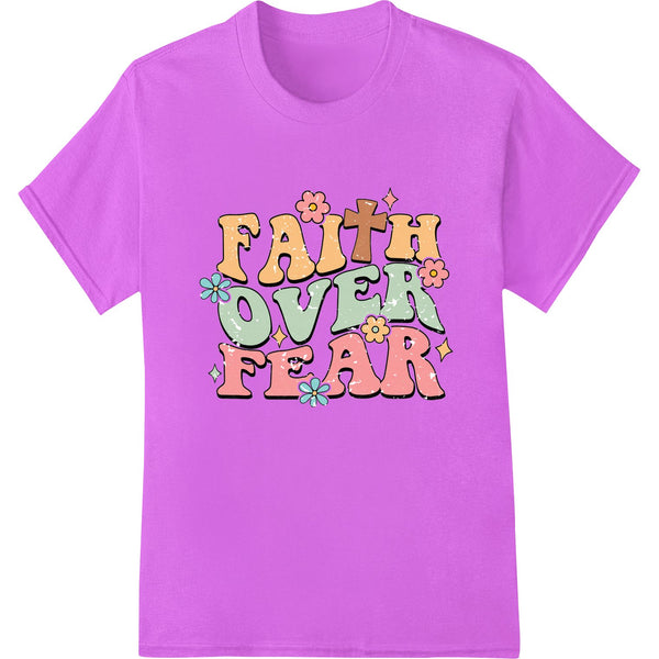 Colorful vibrant design with the inspirational words 'Faith Over Fear' in a swirly style font on a blue and pink background