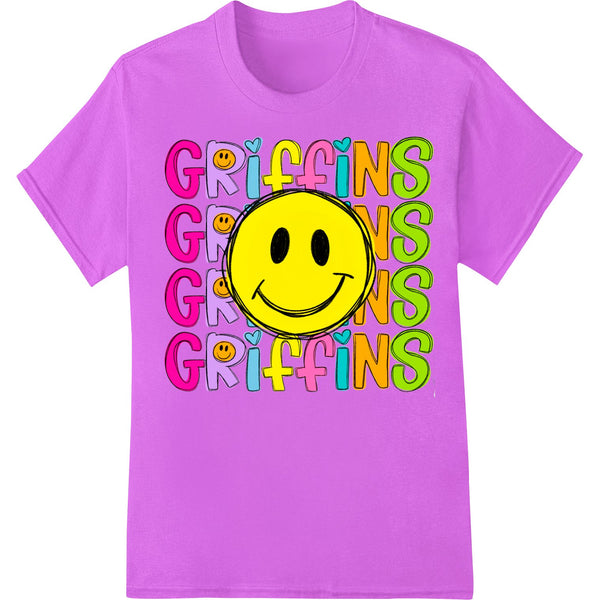 Colorful smiley face graphic with the word 'GRIFFINS' in a playful font, designed as a DTF (Direct to Film) print heat...