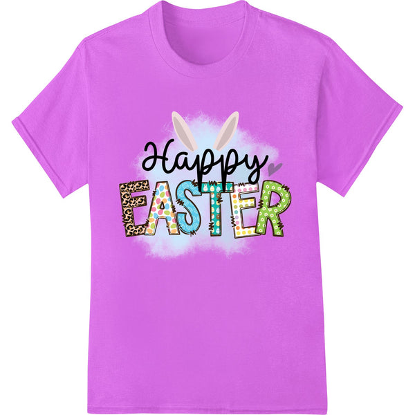 Colorful 'Happy EASTER' design with a rabbit, eggs, and flowers suitable for DTF transfers and prints on custom t-shirts.