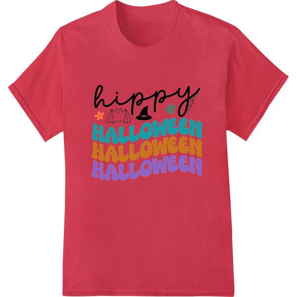 Colorful Happy Halloween text design with orange pumpkins, purple bats, and black cats. Perfect for DTF printing on t-shirts.