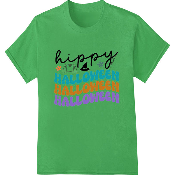 Colorful text design with 'Hippy Halloween' in a psychedelic style, perfect for heat transferring onto t-shirts and apparel.