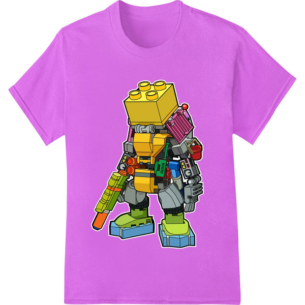 A colorful and playful Lego brick robot design, perfect for DTF heat transfers onto custom t-shirts and apparel.