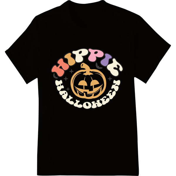 A colorful illustration of a smiling pumpkin with green vines and leaves, perfect for Halloween DTF printing on t-shirts.