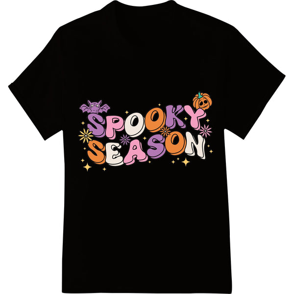 Colorful 'Spooky Season' Halloween heat transfer design featuring pumpkins, ghosts, and a fun typography style