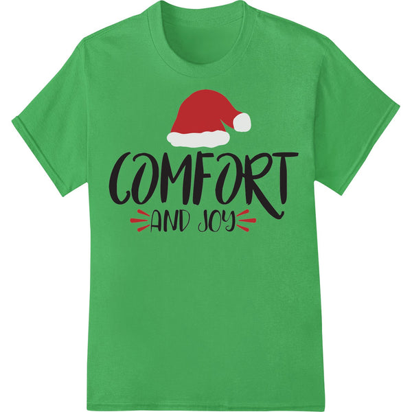 Whimsical 'Comfort and Joy' Christmas design featuring festive lettering, snowflakes, and holiday icons in red and green.