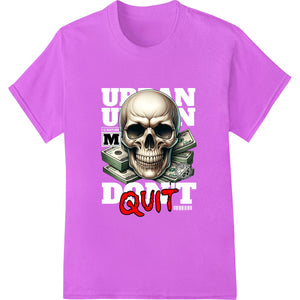 Realistic skull resting on pile of cash with 'QUIT' text, bold design for overcoming addiction awareness shirts